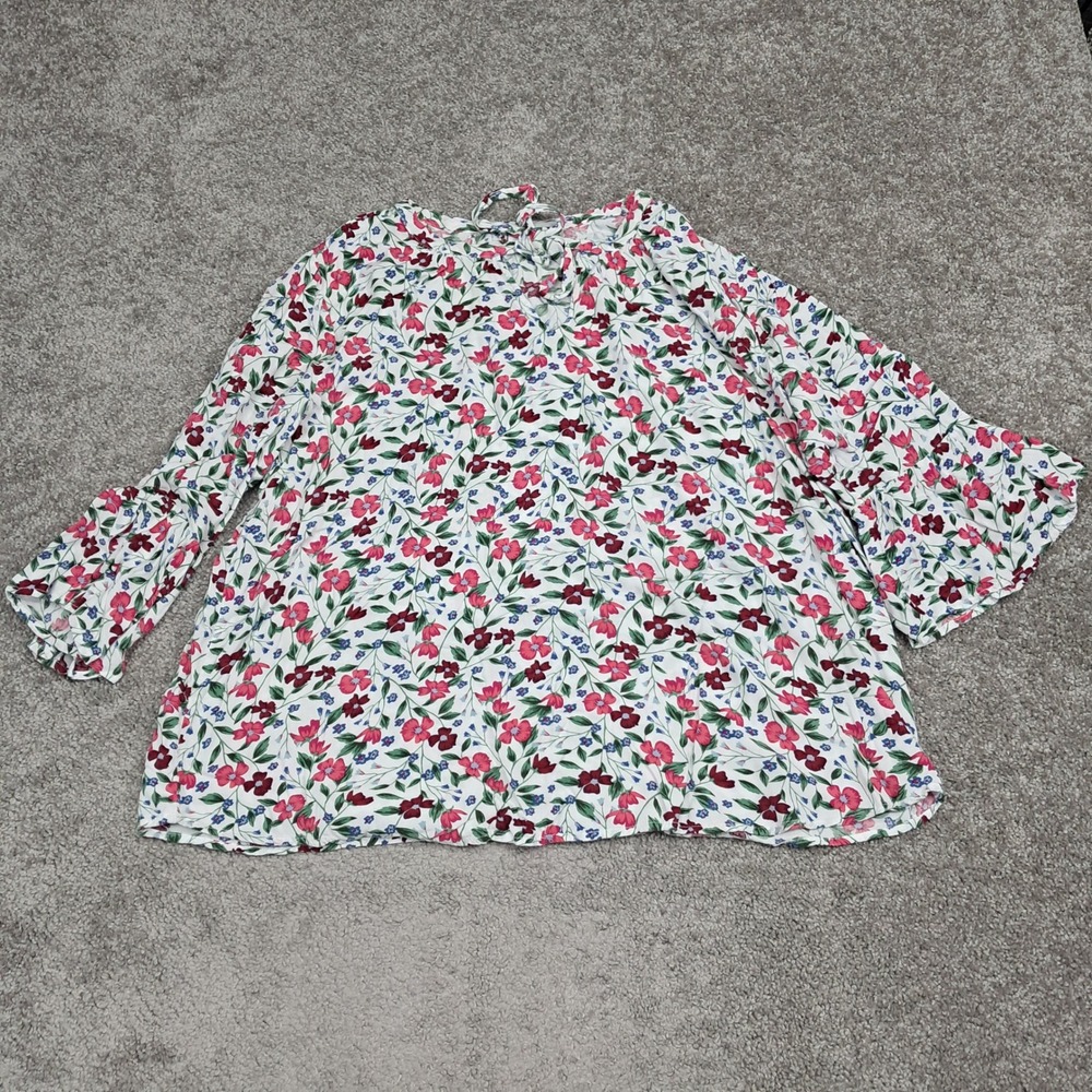 Old Navy Floral Tie Neck Bell Sleeve Blouse White Pink XXL 5517